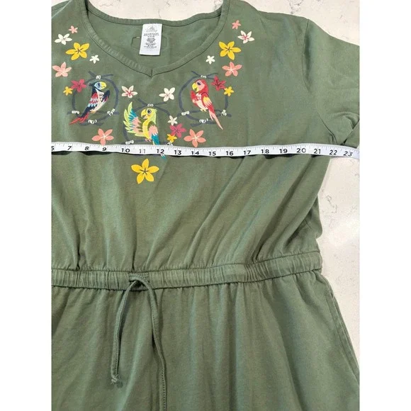 Disney Parks Enchanted Tiki Room Embroidered Parrot Dress Olive Green XL Pockets - Picture 6 of 9